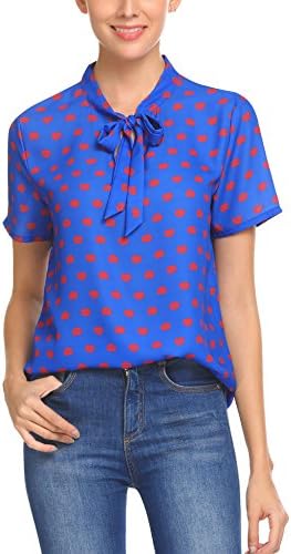 Thinkwell Women Bow Tie Neck Short Sleeve Lip Print Blouse Shirt Tops