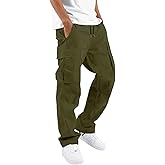HUNGSON Mens Cargo Pants Drawstring Casual Hiking Pants Joggers Athletic Trousers Cotton Loose Straight Sweatpants for Men