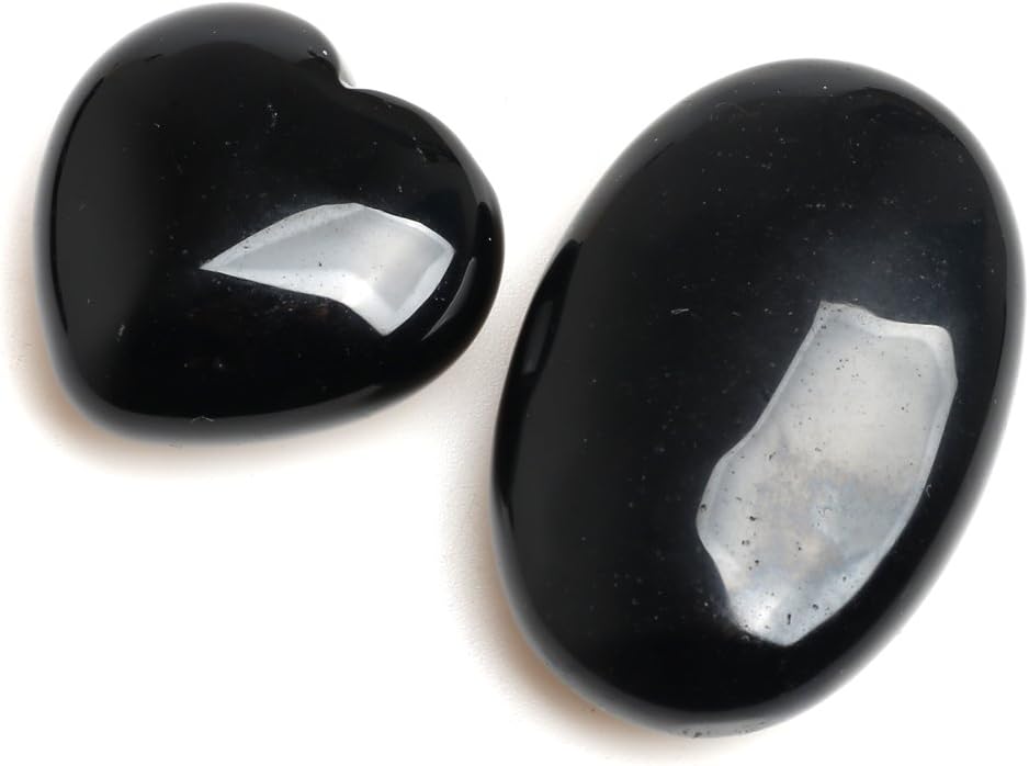 Hongjiantian Natural Black Obsidian Quartz Crystal Heart Figurine and Oval Palm Worry Stone 2pcs Mix Ornament