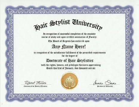 Buy Hair Stylist Hairdresser Degree Custom Gag Diploma Doctorate