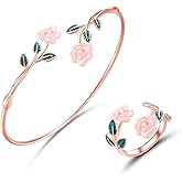 Dtja Vintage Rose Flower Bangle Cuff Bracelet Red Floral Statement Expandable Adjustable Ring for Women Antique Tribal Theme Green Leaf Jewelry for Valentine Christmas Holiday 2 Piece Set