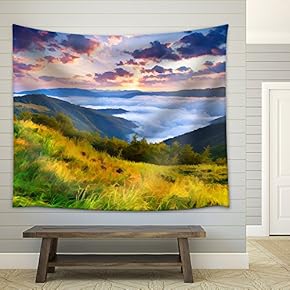 Digital Artwork in Watercolor Painting Style. Beautiful Summer Sunrise in The Mountains. - Fabric Wall Tapestry Home Decor - 51x60 inches