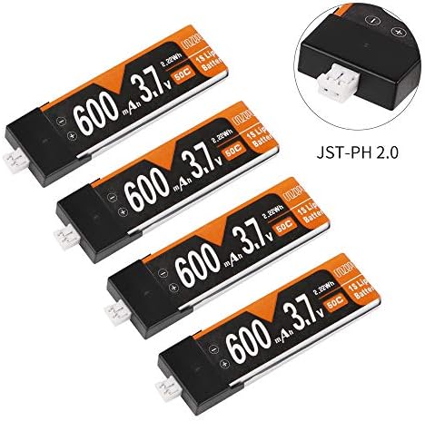 Makerstack 4pcs 600mAh 1S lipo 3.7V 50C LiPo Battery Rechargeable with JST-PH 2.0 PowerWhoop mCPX Connector for Inductrix FPV Plus Tiny Whoop FPV Racing Drone