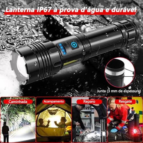 Lanterna Tatica Militar, Lanterna Led Recarregável 10000 Lúmen, com 7 Modos, XHP90.2 Chip e Zoom, Lanterna Potente de Longo Alcance, Acessorios para Acampamento, Pesca, Caminhada, Camping