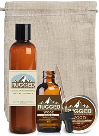 Rugged Evolution [Wood (Pine/Cedarwood Scented) - Medium Strength] Premium Beard Care Sample Set - Beard Shampoo, Balm & Oil - Facial Hair Care Set For Gentlemen - Great Gift Idea (3 Piece Set)