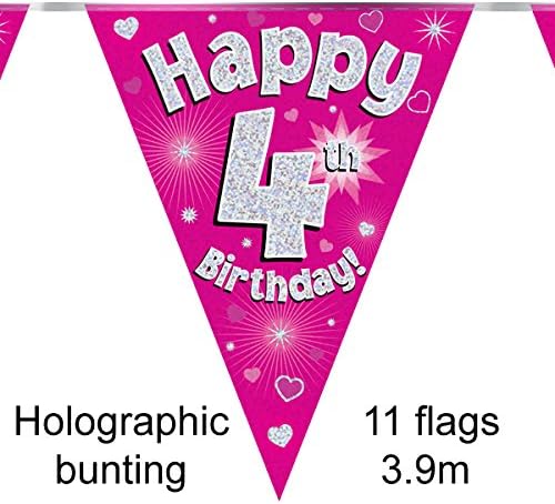Party Bunting Happy 4th Birthday Pink Holographic 11 Flags 3.9m