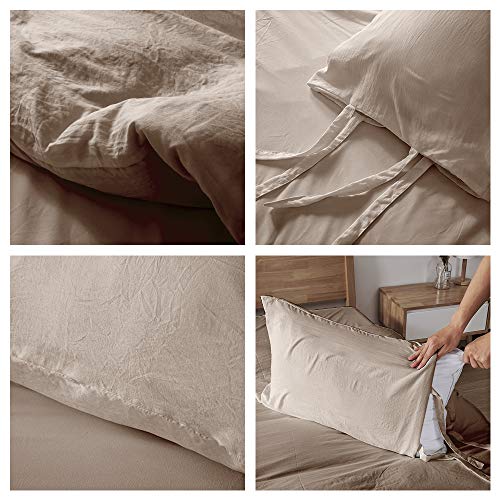 Duvet Cover Queen, 100% Washed Cotton, Linen Like Soft Breathable Durable Bedding Duvet Cover Set, 3-Pieces, Ultra Soft and Easy Care, Simple Style Home Bedding Set 2019 New（3-Piece, Queen, Khaki） - Thumbnail 4