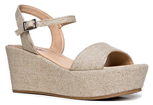 Ankle Strap Platform Wedge Mid Heel Chunky Linen Sandal 8.5