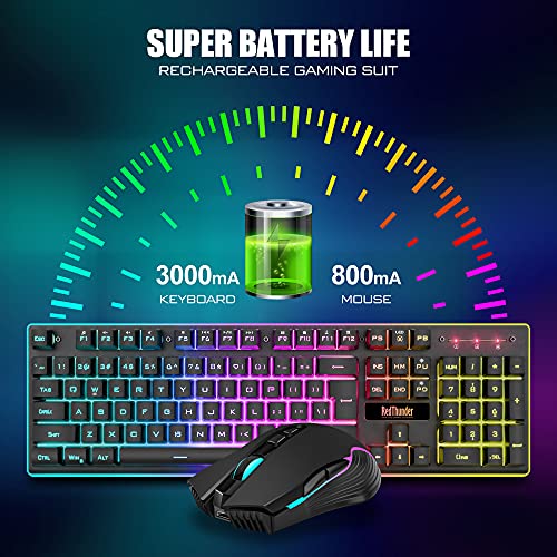 RedThunder K10 Wireless Gaming Keyboard and Mouse Combo, LED Backlit Rechargeable 3800mAh Battery, UK Layout Mechanical Feel Keyboard + 7D 3200DPI Mice for PC Gamer (Black)