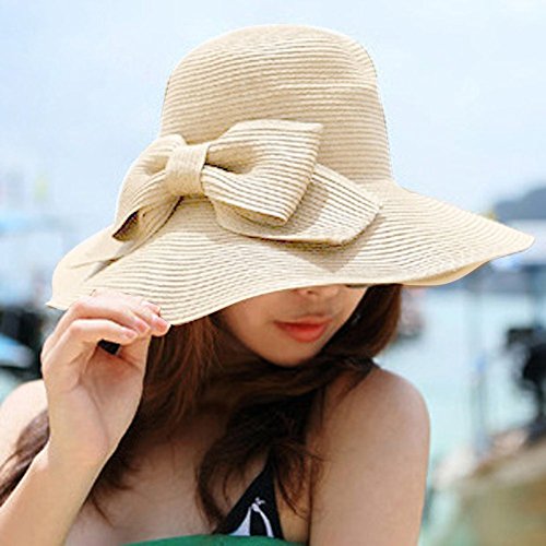 Sealike Foldable Bowknot Straw Hat Cap Wide Brim Beach Sun Visor for Women Girls with Stylus Beige