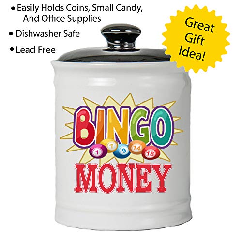 Tumbleweed - Bingo Money - Round White Ceramic Jar with Black Lid - Bingo Game - Bingo Lover
