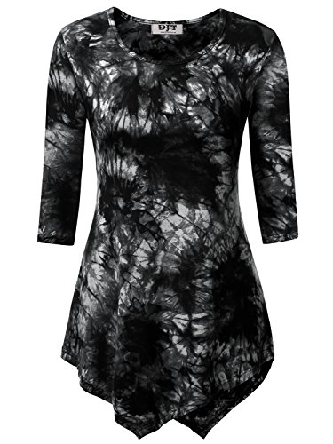 DJT Women s Scoop Neck 3/4 Sleeve Tie Dyed Hankerchief Hem Tunic Top X-Large Tie Dye Black
