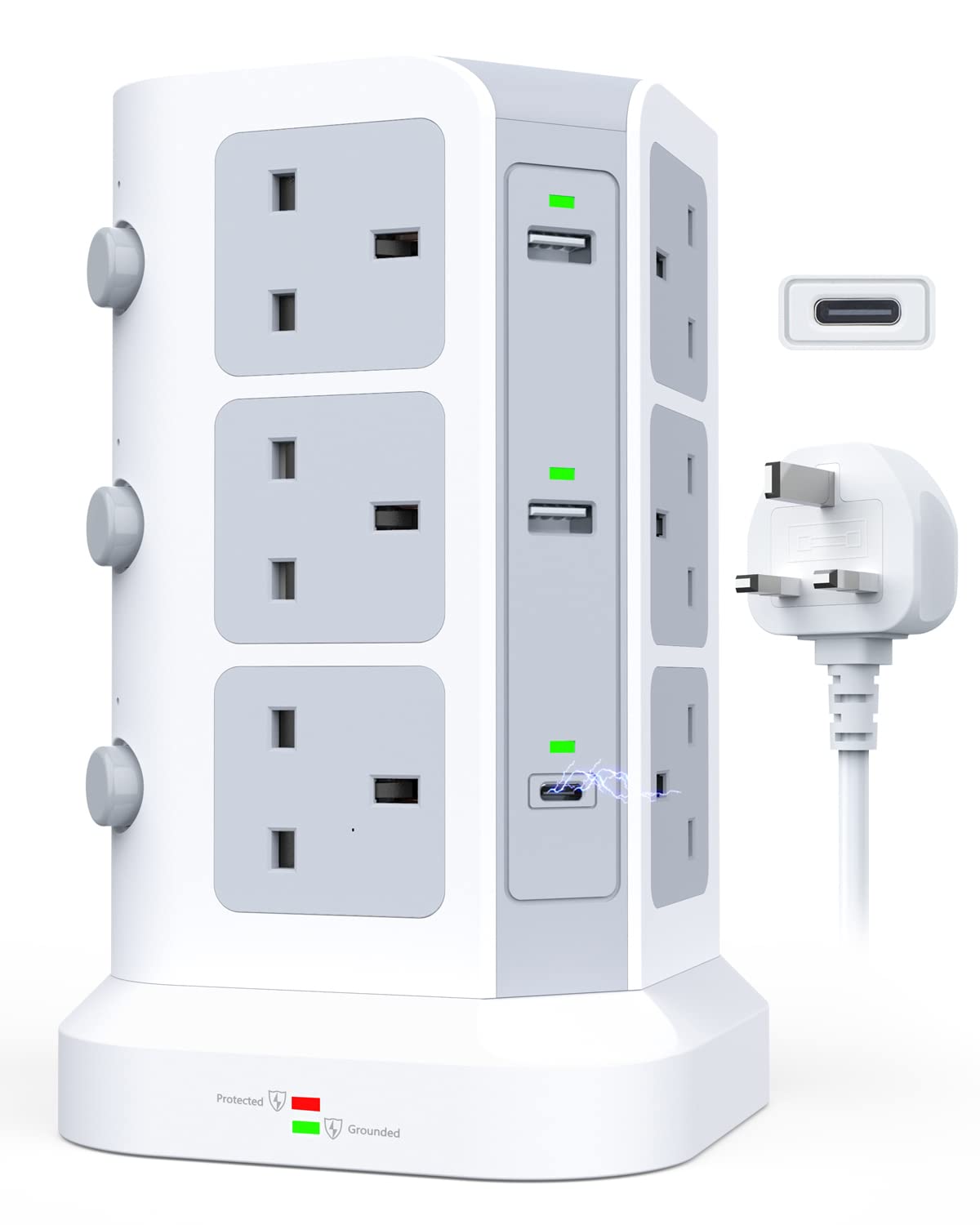 KOOSLA Dual 20W USB C Tower Extension Lead [PD 3.0/QC 3.0], 12 Way Extension Tower with 4 USB A Output [13A 3250W] Surge Protected Plug Extension for Office, Home, School, 2M Extension Cord, White