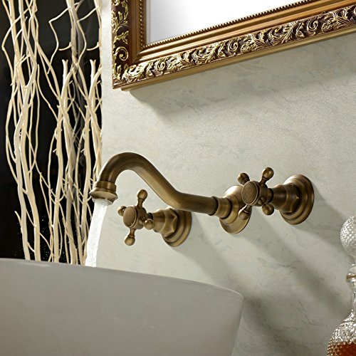 Beelee Wall Mount Double Handles 3 Hole Widespread Bathroom Sink Faucet Antique Brass Finish - Thumbnail 2