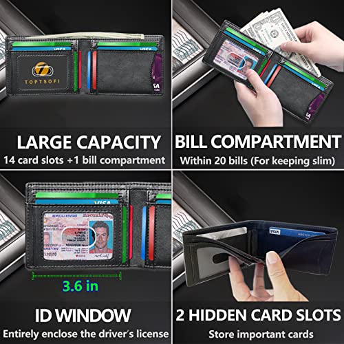 TOPTSOFI Wallet for Men, Slim Minimalist Mens Wallets with Hidden Card Slots Design, Bifold RFID Blocking Card Holder Gifts for Men (Top Layer Leather)