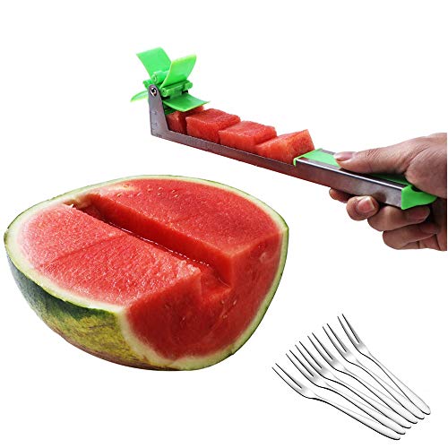 JSDOIN Stainless Steel Watermelon Slicer Cutter Knife with 6 piece Fruit Forks, Melon and Cantaloupe Fruit Slicer,Professional Restaurant Chefs - Easy Grip Kitchen Gadgets (Water melon Slicer)