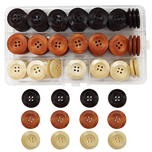 IDOXE Assorted Round Sewing Wood Wooden Buttons for Crafts Brown Beige 1 inch 25mm 4 Hole DIY Supplies
