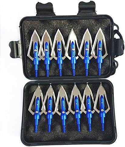 e5e10 Blue Steel Flat Broadheads with 2 blades 100 Grain Hunting Arrow Tips Screw Thread 0.9" Cut Archery Arrowheads + 1 pcs Black Broadhead Case Plastic Portable Case for Arrowheads