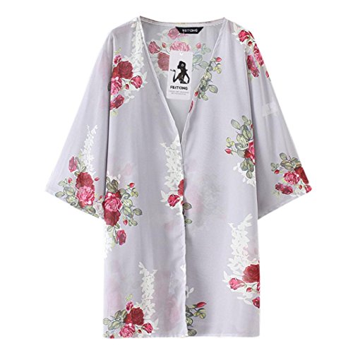 Tootu Women Chiffon Loose Shawl Print Kimono Cardigan Top Cover Up Blouse Beachwear (S, Gray)