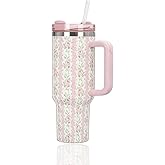 HOUQIXINXIU 40 oz Flower Tumbler with Handle and Straw,Stainless Steel Insluated Cups Reusable Vacuum Travel Coffee Mug,Pink