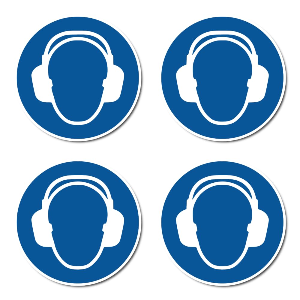 Use Ear Protection, Mandatory Sign: M003 - DIN EN ISO 7010 / ASR A1.3 - Sticker: Diameter 7.5 cm, Pack of 4