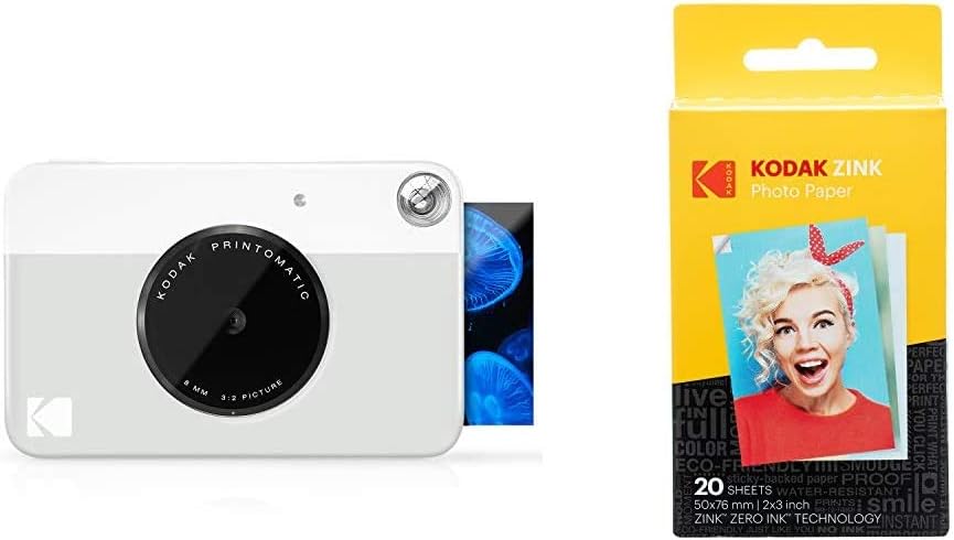 Kodak Printomatic Digital Instant Print Camera - Full Color Prints On ZINK 2 x 3 Inch Sticky-Backed Photo Paper (Grey) Print Memories Instantly & Zink Photo Paper - Pack of 20