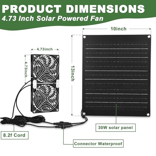 Solar Fan, 30W Solar Powered Fan, Solar Panel Fan Kit, IPX7 Waterproof Fans Exhaust Intake Mounting for Outside Greenhouse Shed Chicken Coop