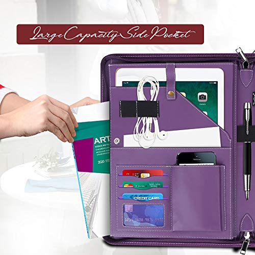 Toplive Zippered Padfolio Portfolio Case,Executive Business Conference Folder Document Organizer with Letter/A4 Size Clipboard, Business Card Holder,Purple - Thumbnail 5