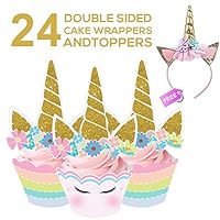 Ranmid Unicorn Cupcake Decorations | Set of 24 Colorful Double Sided Cake Wrappers and Toppers with Hot Stamped Gold Design | FREE Beautiful Gold Headband | Perfect Unicorn Theme Party Decoration Kit