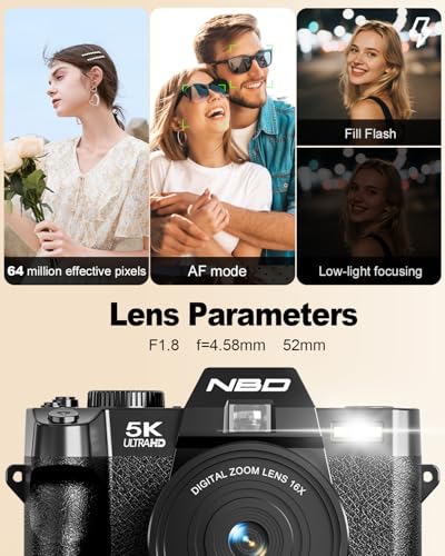 NBD 5K&64MP Digital Camera for Photography with 180°Flip Screen (Black) | 16X Zoom WiFi Vlogging Cameras , Auto Focus, Wide-Angle&Macro Lens, 2 Batteries & 32GB TF Card，Travel Camera for Beginners