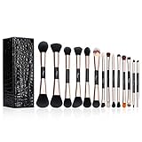 Ovonni 14 Piece Double-Ended Makeup Brush Set with PU Leather Storage Case, Cosmetic Blender Kit for Foundation Powder Blush Bronzer Eyeshadow Lipstick with Ultra-Soft Microfiber Bristles