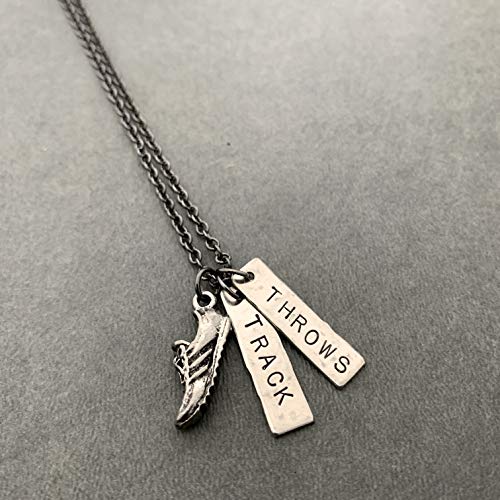 RUN TRACK THROWS Necklace - Pewter Running Shoe Charm and 2 Hand Hammered Nickel Silver Pendants Hand Stamped with TRACK and THROWS on 18 inch Gunmetal Chain - Track Throwing Events