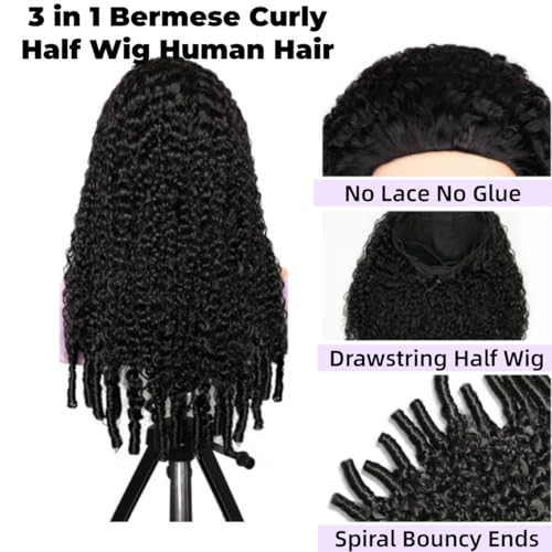 Human Hair Wig Curly Human Hair Half Wig Half Head Burmese Curly Brazilian Glueless with Spiral Curly Ends 3 in 1 Drawstring Seamless Clip Ins Flip Over Natural Black 24 Inches