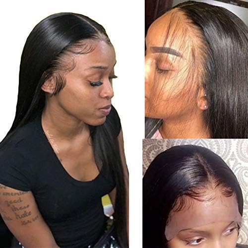9A Virgin Straight Hair Lace Front Wigs Brazilian Remy Human Hair Wig for Black Women with Baby Hair Natural Black Color (22 inch, Lace Front Wig)
