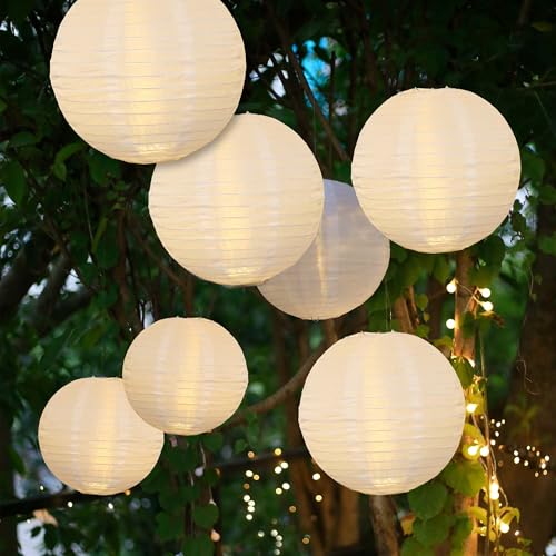 Hellum Lanterns Outdoor Weatherproof Set of 7 with Warm White LED and Battery, 1 x Diameter 30 cm, 3 x Diameter 25 cm, 3 x Diameter 20 cm, White Lanterns with Remote Control, Lanterns for Outdoors, LED Lanterns, Outdoor Wedding Decoration 150889