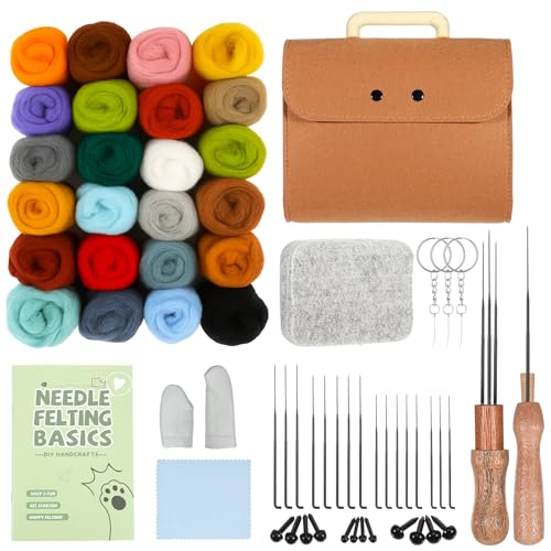 Prasacco 62 Pcs Needle Felting Kit, Felting Kits for Beginners Adult Including 24 Colors Wool Roving, Felt Needles, Felt Pad, Needle Handle, Finger Bed, Keychain, Fake Eyes, Storage Bag, Instruction