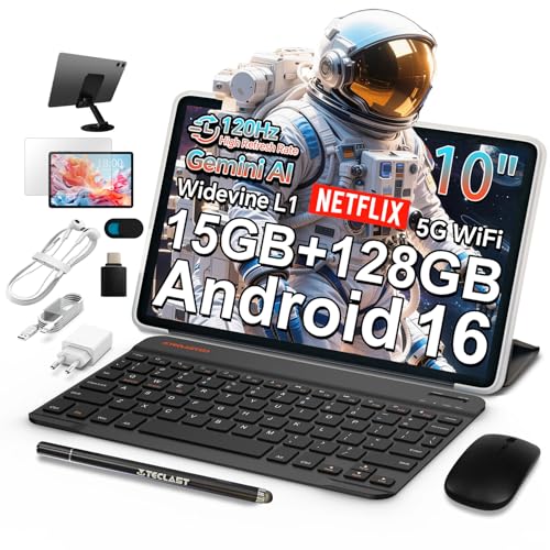 TECLAST P30T Android 16 Tablet 10.1 Inch 120Hz Tablets Gemini AI, 15GB RAM+128GB ROM(TF 5TB), 2GHz Octa-Core, 5G WiFi/Widevine L1/GPS/6000mAh, Tablet with Keyboard+Case+Pen+Mouse, 10 Accessories