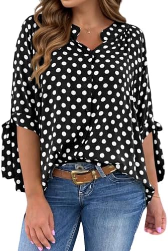 Women's Polka Dots Blouse Puff Ruffle Long Sleeve Shirts Tops Fall