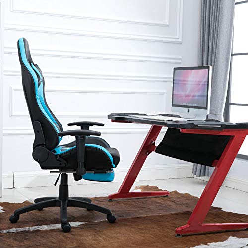 Samincom High Back Large Size PU Leather Gaming Chair Racing Style Chair Office Chair Executive and Ergonomic Style Swivel Chair with Extra Soft Headrest & Lumbar Cushion & Footrest (Black/Lake Blue) - Thumbnail 7