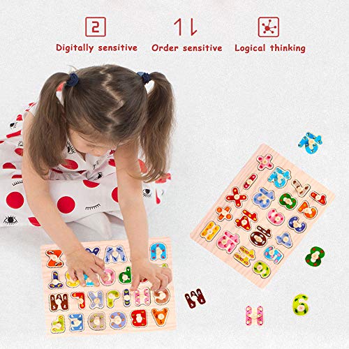 Kids Wooden Peg Puzzles Play Set - Alphabet ABC Numbers 123 Puzzles Board - Pegged Puzzles for Toddler Children Learning Educational Puzzles Toys Gift for 1 2 3 Year Olds Toddlers Boys and Girls - Thumbnail 4