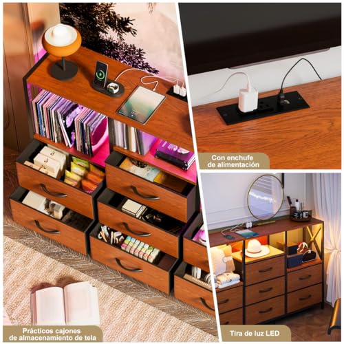 SIMPLE ESPACIO Cajonera para Recamara,Comoda Cajonera para Recamara con Toma de Corriente y Luz Led,Cajoneras (con 7 Cajones de Tela),Cajoneras Abierta Paras Recamaras.(Nogal)