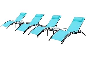 AthLike 3 pcs Poolchairs Patio Chaise Lounge Set with Headrest, 5-Level Adjustable Sunbathing Tanning Poolside Recliner Chairs with Side Table for Outdoor Beach (Blue, 4 Chairs and 2 Tables)