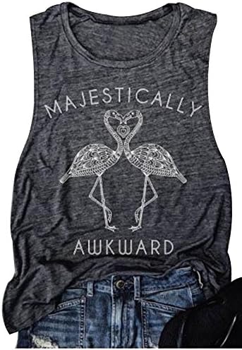 Women Round Neck Flamingo Tank Cami Top Graphic T-Shirt Tops (Dark Grey, XL)