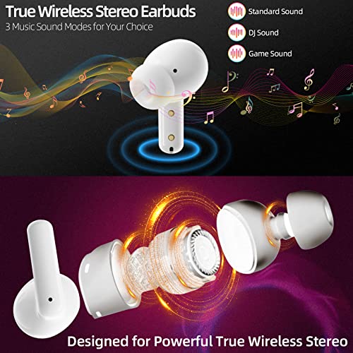 ZAOFEPU Wireless Earbuds TWS100, Bluetooth 5.2 Touch Control True Wireless Bluetooth Earphones with Hi-Fi Stereo Audio, in-Ear Deep Bass Built-in Headphones, One Click to Switch 5 EQ Modes (White)