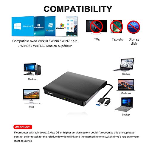 iGylar External CD Drive, USB 3.0 & Type C External DVD CD Player, Plug & Play Burner High Speed Data Transfer DVD Player for Laptop Notebook PC Support Windows/Vista/7/8/10, Mac OS & Linux (Black)