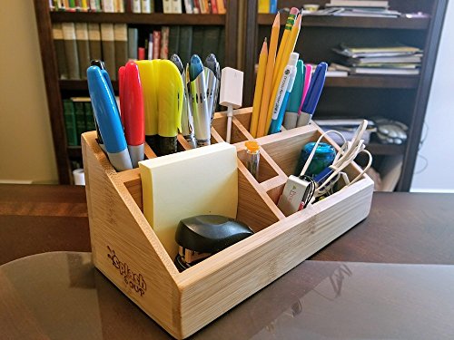 Small Multifunctional Bamboo Organizer | Desk Caddy | Home Office Accessory Tray | School Art Supply Holder | Pen Pencil Brush Compartment | Kitchen Bathroom Countertop Storage by SplashSoup