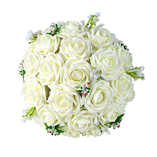 Wedding Bridal Bouquet, Febou Wedding Bride Bouquet, Wedding Holding Bouquet with Artificial Roses Lace Pearl Ribbon, Perfect for Wedding, Church, Party and Home Decor(Heart Pearl, White)