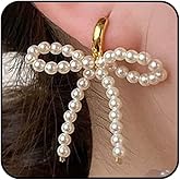 Gold Bow Pearl Dangle Earrings for Women Fashion Sweet Large Ribbon Bowknot Hoop Drop Earrings Hypoallergenic Bow Beaded Earrings Wedding Jewelry Gift