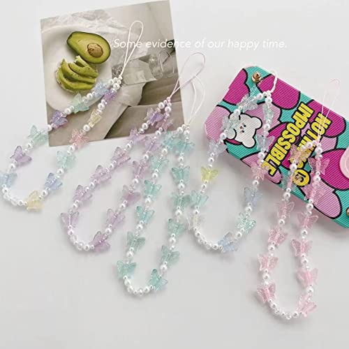Fuqimanman2020 1-2 PCS Natural Stone Cell Phone Lanyard Strap Charms- Handmade Colorful Beaded Butterfly Charms for Women Girl, Rainbow Keychain