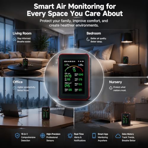 Professional 15-in-1 Air Quality Meter with App - CO₂ Meter/CO₂ Sensor, PM2.5/PM10 Fine Dust Meter, VOC Meter, Air Quality Monitor with Dual Chip & Real-time AQI Alerts